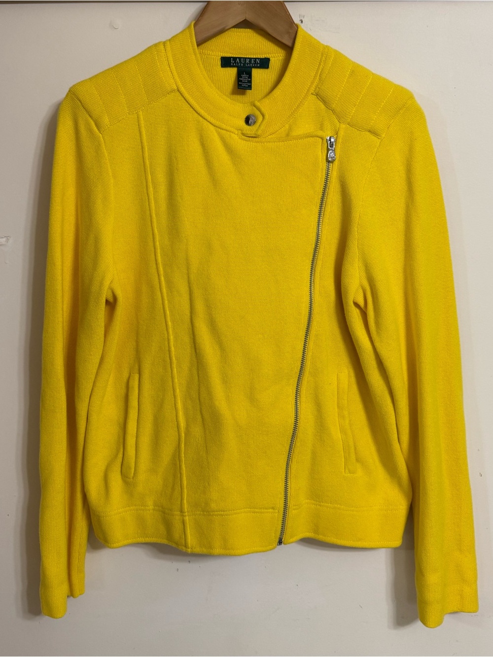 Lauren Ralph Lauren Yellow Knit Asymmetrical Zip Moto Sweater Jacket